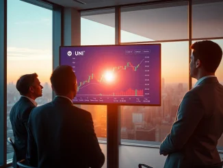 Financial analysts reviewing UNI price chart on a large screen in a modern conference room