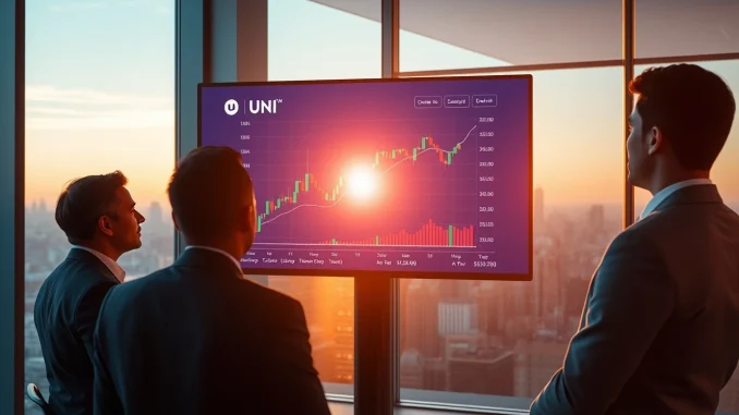 Financial analysts reviewing UNI price chart on a large screen in a modern conference room