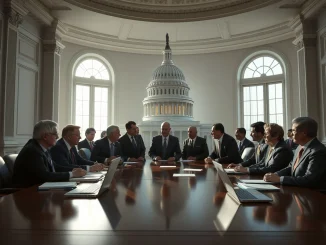 Lawmakers and banking representatives discussing stablecoin regulation in a Capitol meeting room.