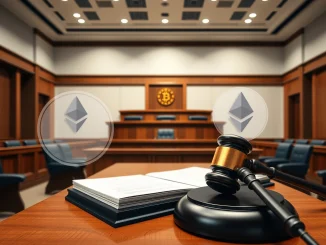 A courtroom scene with legal documents and Ethereum symbols, representing the legal battle over frozen ETH from the Kelp exploit.