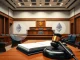 A courtroom scene with legal documents and Ethereum symbols, representing the legal battle over frozen ETH from the Kelp exploit.