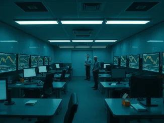 Law enforcement officers inside a dismantled crypto scam center with multiple monitors and empty desks