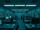 Law enforcement officers inside a dismantled crypto scam center with multiple monitors and empty desks