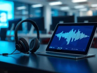 Headset and tablet with voice-wave interface on a modern desk in a tech office