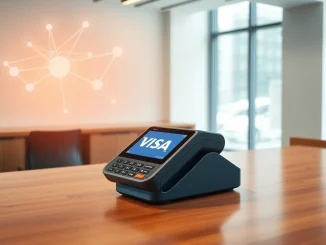 Visa payment terminal with digital blockchain network nodes in background