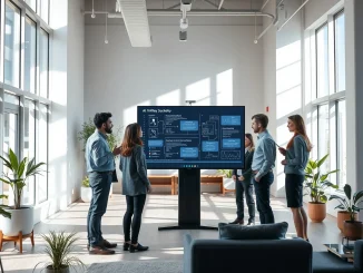 Team at Stockholm AI startup Pit gathered around a monitor showing AI automation workflows