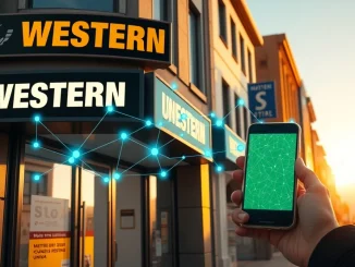 Western Union storefront in Bolivia with Solana blockchain network overlay representing USDPT stablecoin launch for remittances