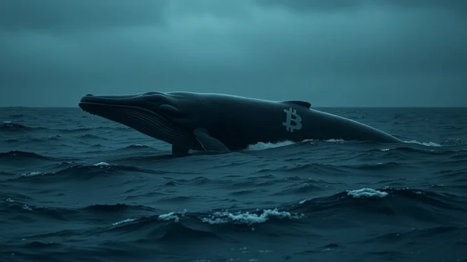 A whale swimming in a dark ocean with a glowing Bitcoin symbol on its back, representing a large crypto short position.