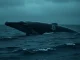 A whale swimming in a dark ocean with a glowing Bitcoin symbol on its back, representing a large crypto short position.