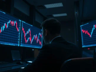 Trader observing Ethereum price drop on multiple monitors in a dimly lit trading floor