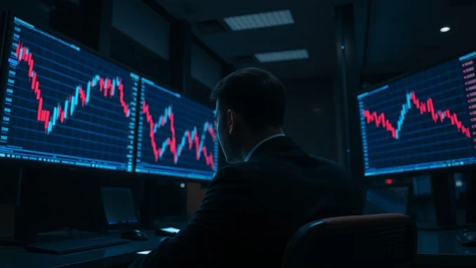 Trader observing Ethereum price drop on multiple monitors in a dimly lit trading floor