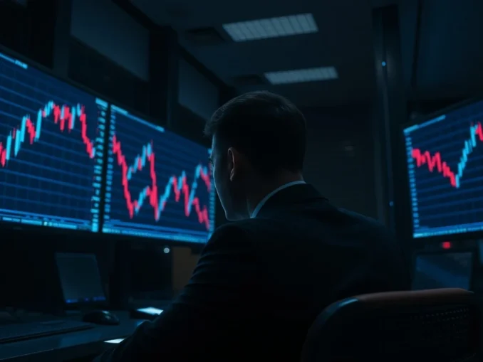 Trader observing Ethereum price drop on multiple monitors in a dimly lit trading floor