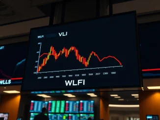 WLFI token price chart showing a sharp decline on a digital display in a dimly lit trading room