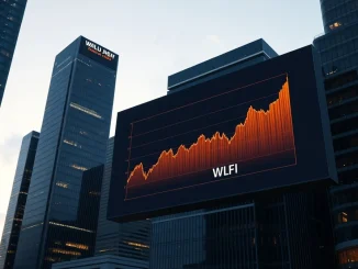 Digital display showing WLFI token price chart against a city skyline at dusk