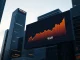 Digital display showing WLFI token price chart against a city skyline at dusk