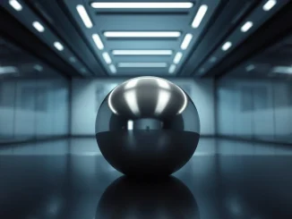 Worldcoin Orb on reflective surface in modern high-tech setting