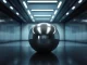 Worldcoin Orb on reflective surface in modern high-tech setting