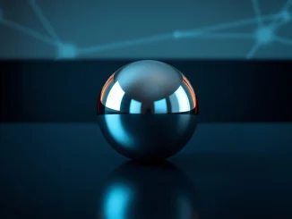 Worldcoin silver orb on a dark table with digital reflections