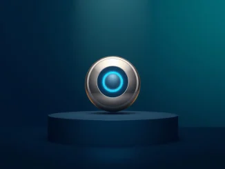 Worldcoin WLD price prediction 2026 to 2030: a metallic iris-scanning orb symbolizing the token's future market potential.