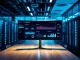 AI-powered advertising dashboard on a monitor in a modern tech office