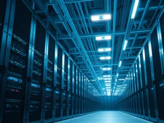 Interior of a large, modern data center with rows of server racks and cooling infrastructure, representing the Colossus 1 facility.