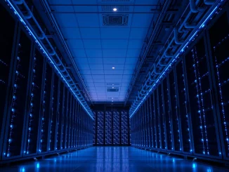 Interior of a large data center with rows of server racks and blue lighting