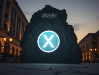 XRP token icon blocked by a stone wall marked $1.40, representing price resistance despite high sentiment.