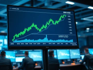 Professional trading desk with monitor displaying XRP price chart showing an upward trend