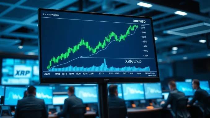 Professional trading desk with monitor displaying XRP price chart showing an upward trend