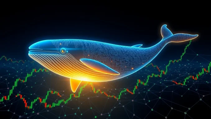 Digital whale swimming upward through candlestick charts and network nodes representing XRP accumulation