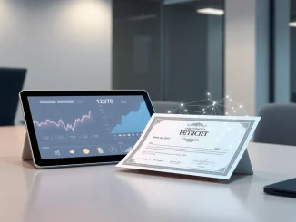 Tokenized stocks and private shares represented on a digital trading interface with blockchain visualization.