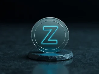 Zcash coin on a dark surface with subtle lighting, representing privacy-focused cryptocurrency.