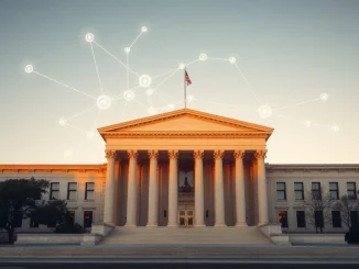 Government building with digital AI network overlay representing regulatory oversight of artificial intelligence models.