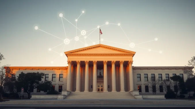 Government building with digital AI network overlay representing regulatory oversight of artificial intelligence models.