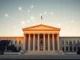 Government building with digital AI network overlay representing regulatory oversight of artificial intelligence models.