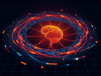 Digital illustration of an AI neural network with orbiting memory fragments