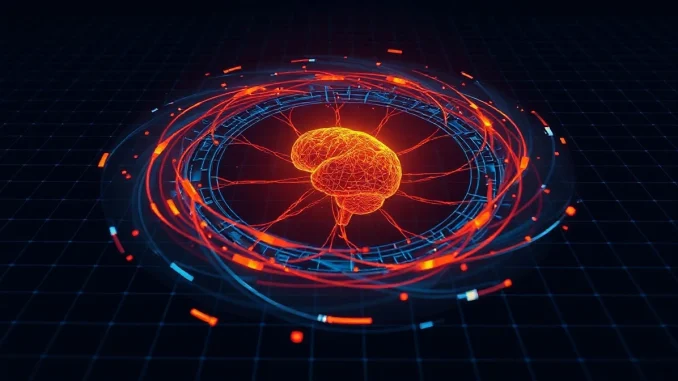 Digital illustration of an AI neural network with orbiting memory fragments