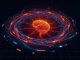 Digital illustration of an AI neural network with orbiting memory fragments