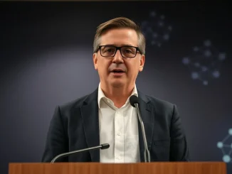 Andy Burnham speaking at a press conference with digital blockchain background