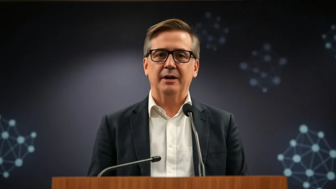 Andy Burnham speaking at a press conference with digital blockchain background
