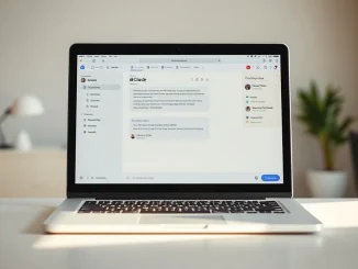 Slack workspace interface showing an @Claude interaction on a laptop in a modern office setting