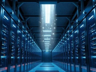 Data center interior with carbon removal imagery, representing Anthropic's climate commitment