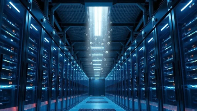 Data center interior with carbon removal imagery, representing Anthropic's climate commitment