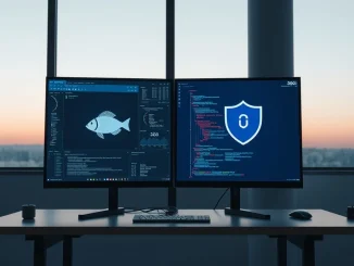 Two computer monitors in a modern Asian tech office displaying AI software interfaces, one with a blowfish icon and one with a shield icon.