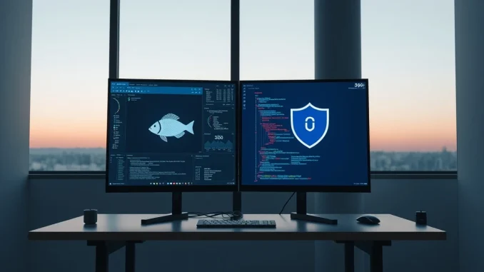 Two computer monitors in a modern Asian tech office displaying AI software interfaces, one with a blowfish icon and one with a shield icon.