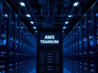 AWS data center server rack with glowing Trainium AI chip badge in blue-lit corridor