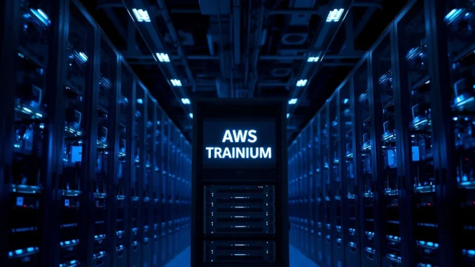 AWS data center server rack with glowing Trainium AI chip badge in blue-lit corridor
