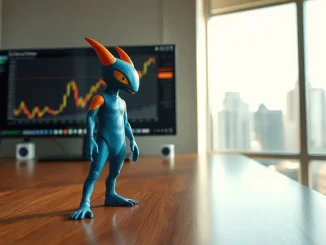 Axie Infinity creature figurine with a financial chart in background for price prediction analysis