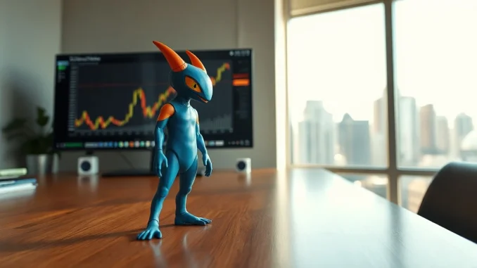 Axie Infinity creature figurine with a financial chart in background for price prediction analysis