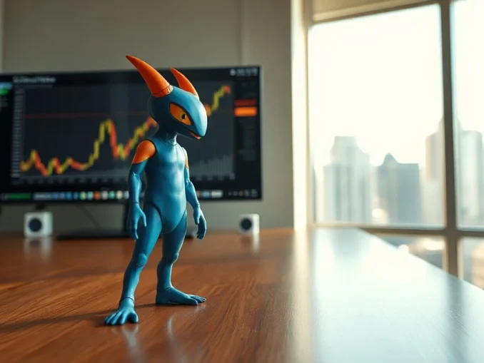 Axie Infinity creature figurine with a financial chart in background for price prediction analysis